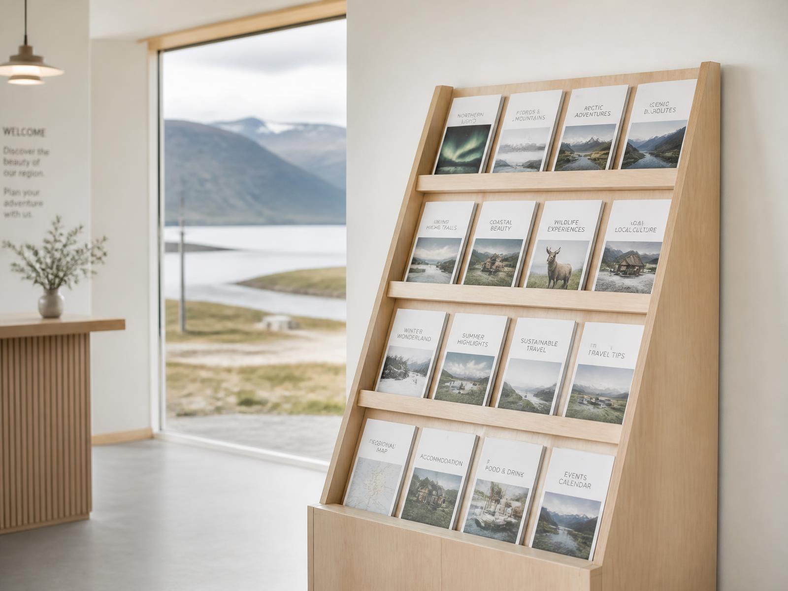 Brochure display racks filled with printed travel brochures in a bright visitor centre